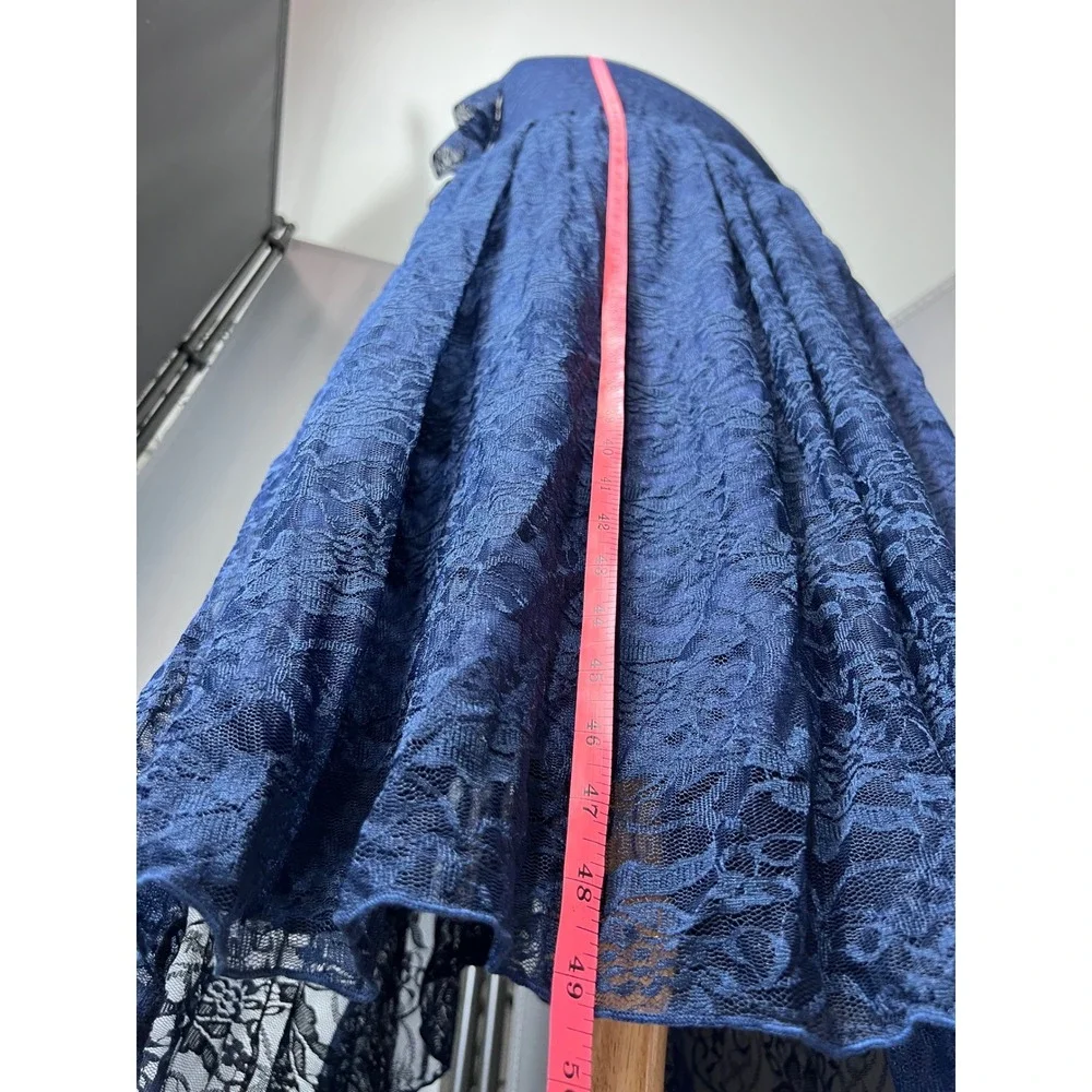 Royal Blue Floral Lace High-Low Faux Wrap Empire Waist Dress with Ruffle Detail - Picture 9 of 13